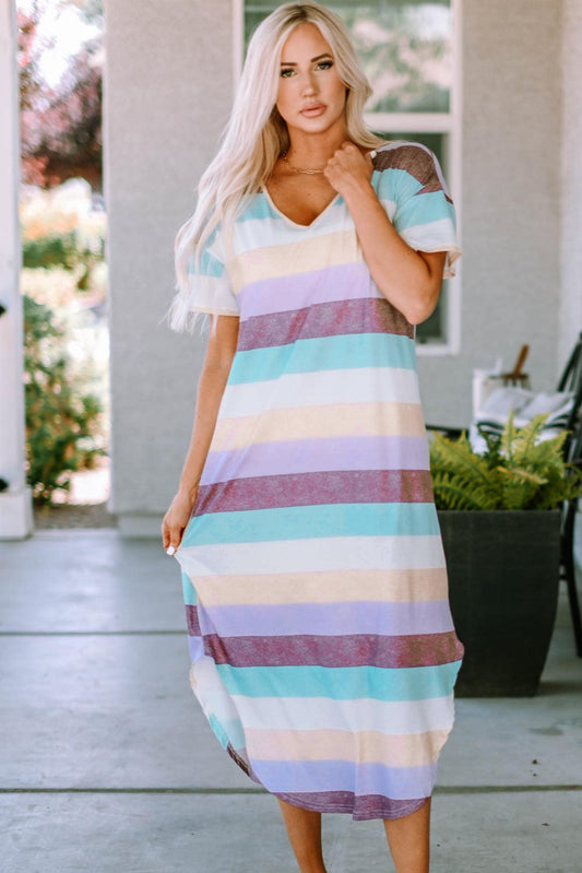 Striped Color Block V Neck T Shirt Midi Dress - LA Grand