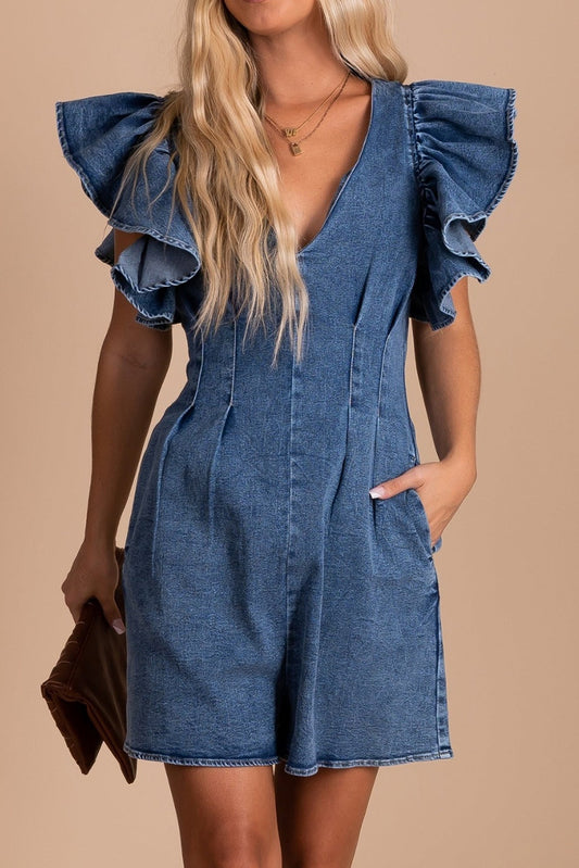 Blue Ruffle Pleated Denim Romper with Pockets - LA Grand