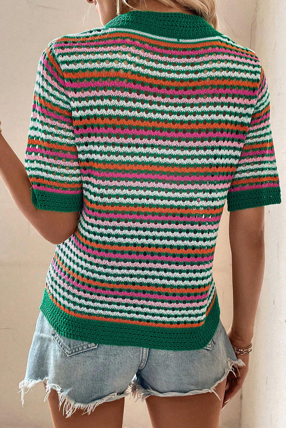 Dark Green Striped Pattern Contrast Trim Pointelle Knit T Shirt - LA Grand