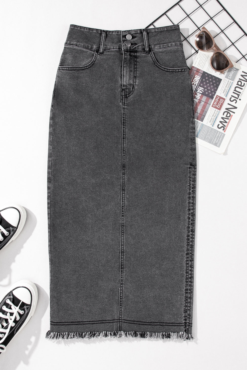 Black Raw Edge Side Slits Buttoned Midi Denim Skirt - LA Grand