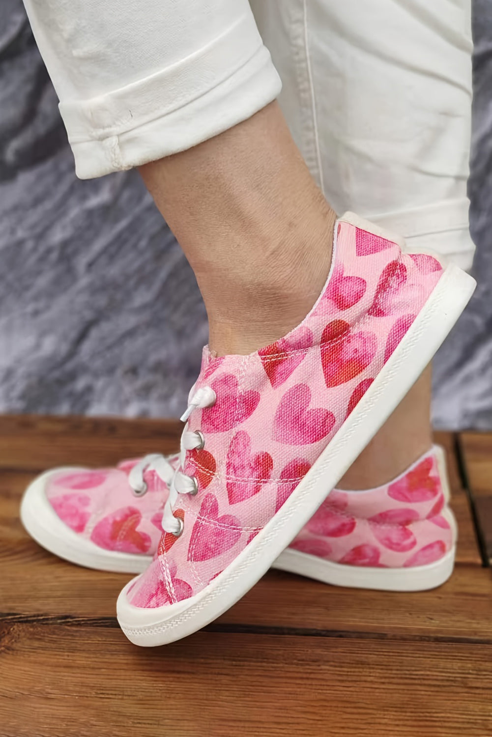 Strawberry Pink Heart Shaped Criss Cross Slip On Canvas Shoes - LA Grand