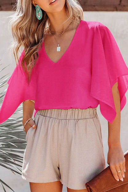 Rose Plain Flounce Bell Sleeve V Neck Blouse - LA Grand