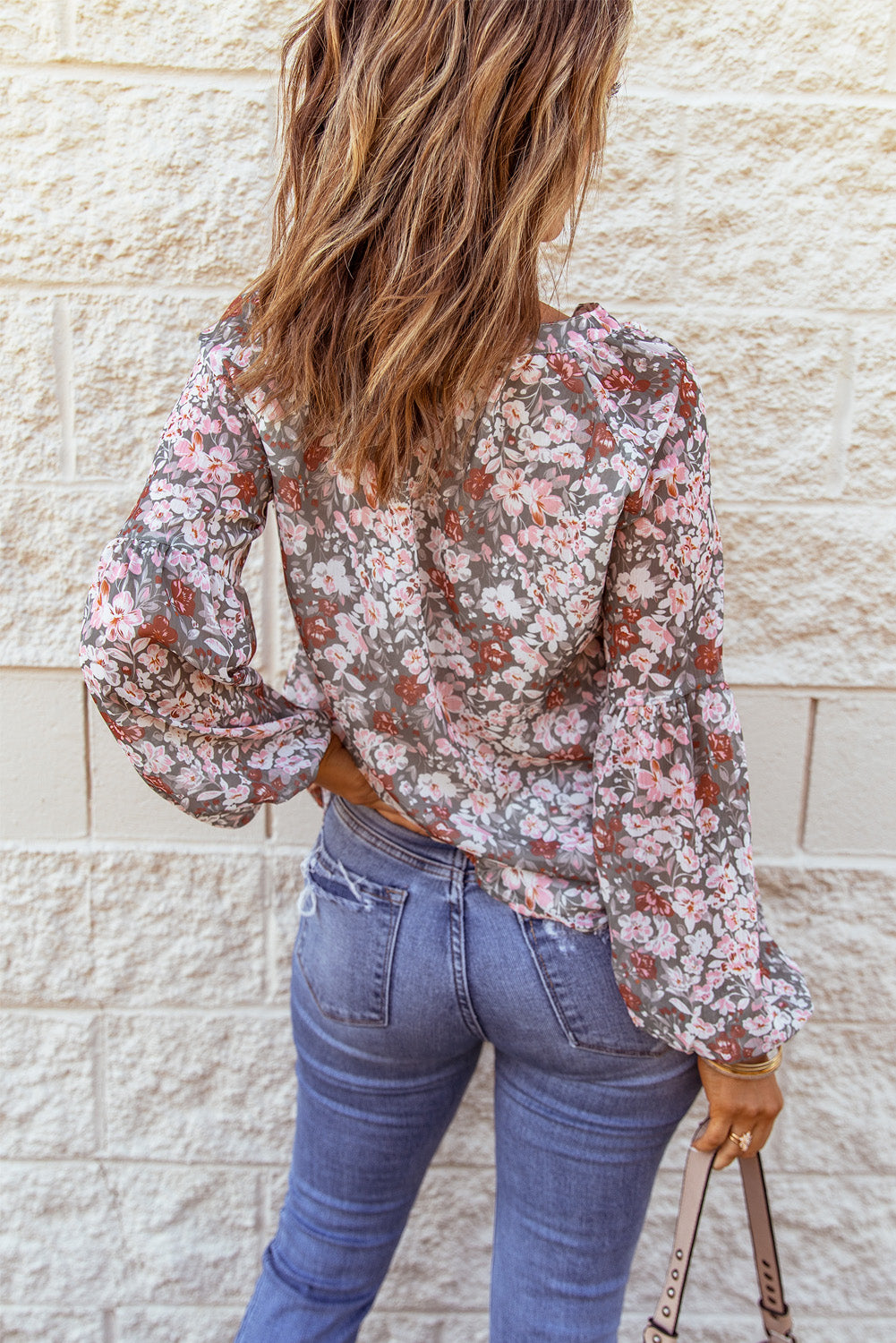 White Floral Print V Neck Long Puff Sleeve Top - LA Grand