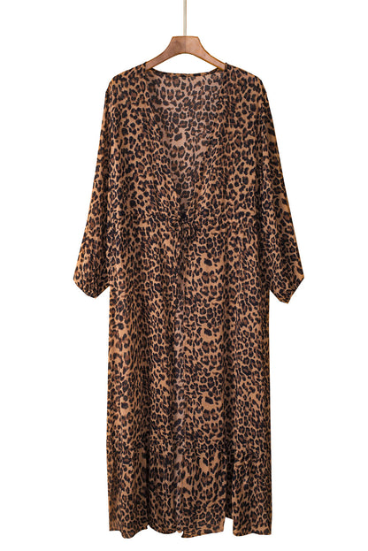 Leopard Print Tie Waist Open Front Kimono Beach Cover Up - LA Grand