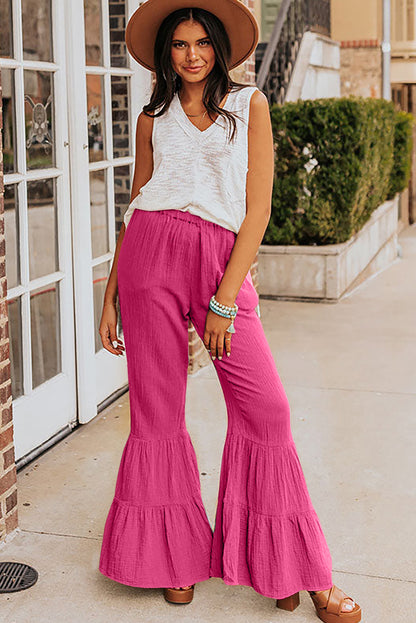 Green Textured High Waist Ruffled Bell Bottom Pants - LA Grand