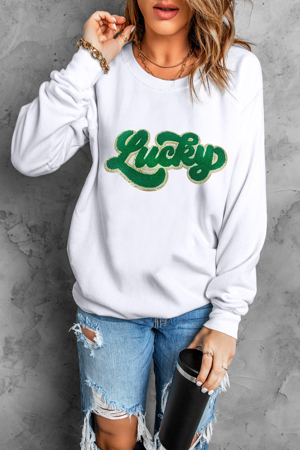 White Shiny Trim Chenille Lucky Pattern Sweatshirt - LA Grand