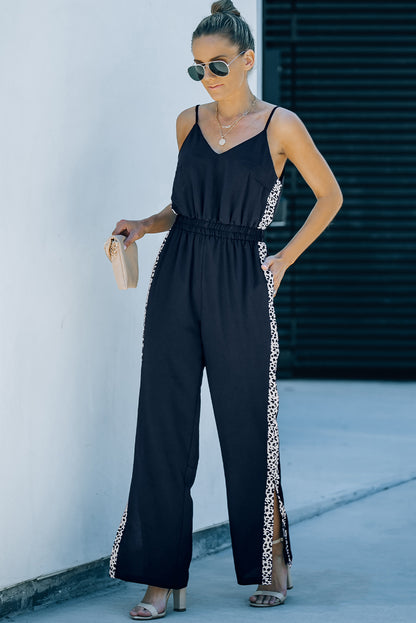 Black Leopard Patchwork Spaghetti Strap Wide Leg Jumpsuit - LA Grand