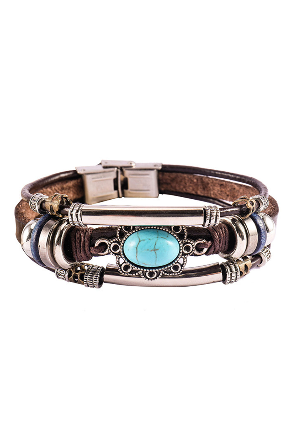 Brown Turquoise Faux Leather Multi-layered Bracelet - LA Grand