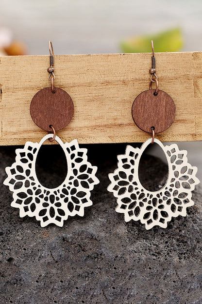 White Hollowed Flower Round Wood Pendant Earrings - LA Grand