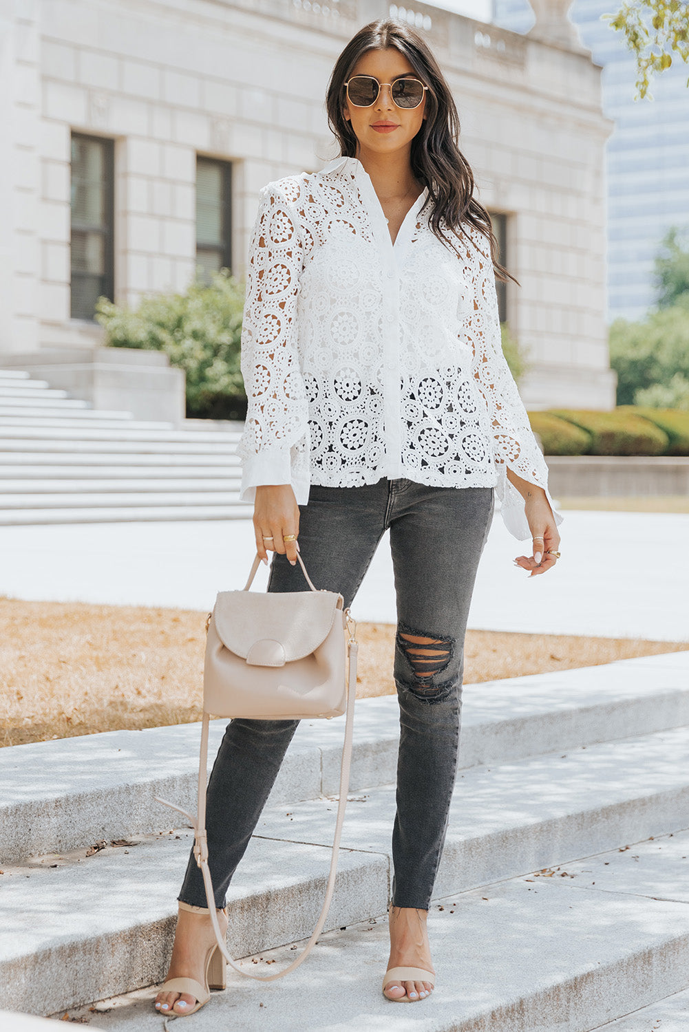 White Crochet Lace Hollow-out Turn-down Collar Shirt - LA Grand