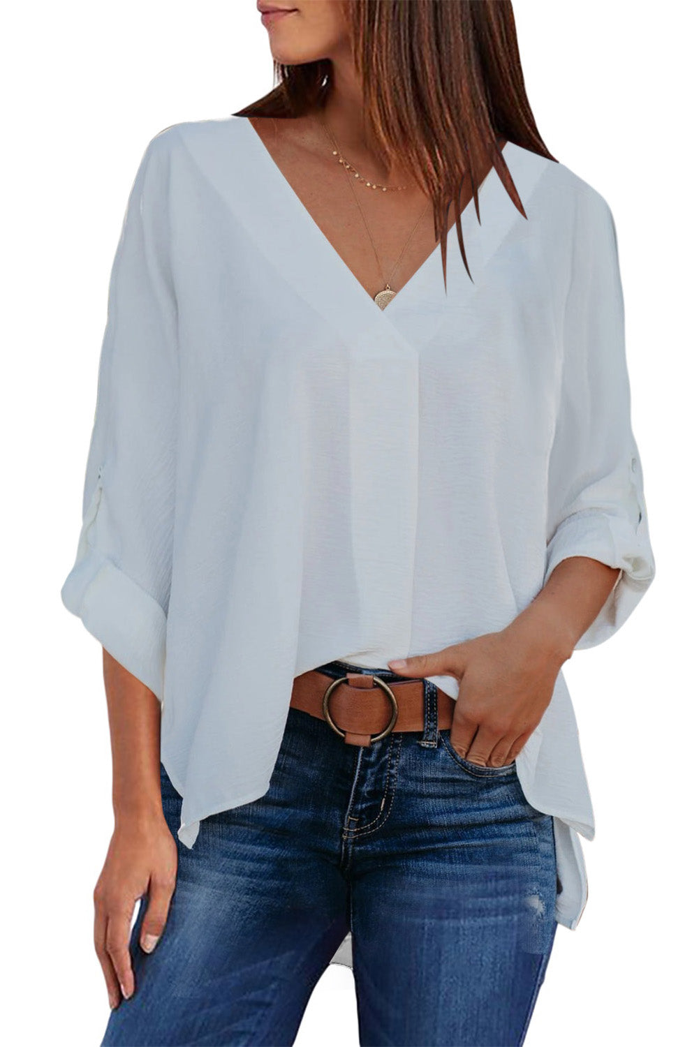 Blue V Neck 3/4 Sleeve High Low Hem Shirt - LA Grand