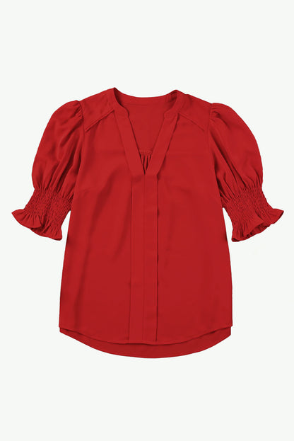 Fiery Red Solid Color Half Sleeve V Neck Blouse - LA Grand