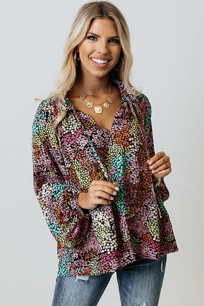 Multicolor Vibrant Floral Tie V Neck Puff Sleeve Blouse - LA Grand