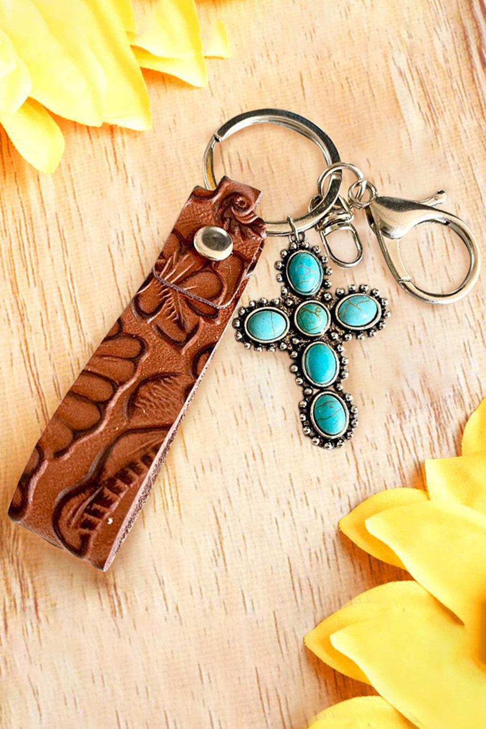 Brown Vintage Embossed Turquoise Leather Key Chain - LA Grand