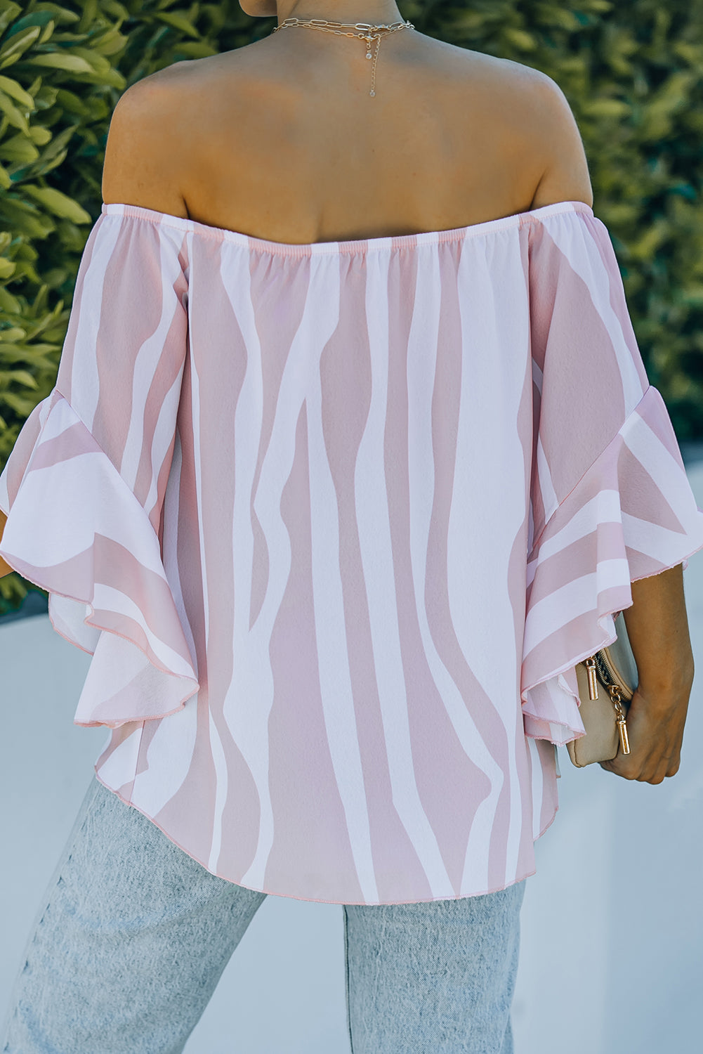 Off The Shoulder Vertical Stripes Blouse in Pink - LA Grand