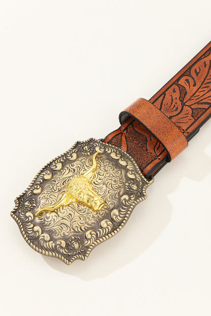 Brown Western Longhorn Bull Buckle Belt - LA Grand