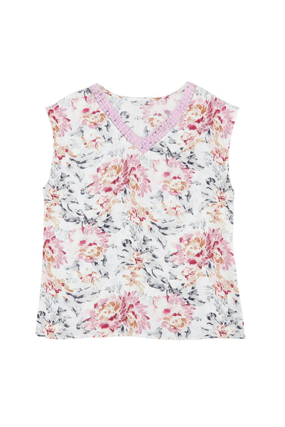 Pink Floral Print Lace Splicing Sleeveless Blouse - LA Grand