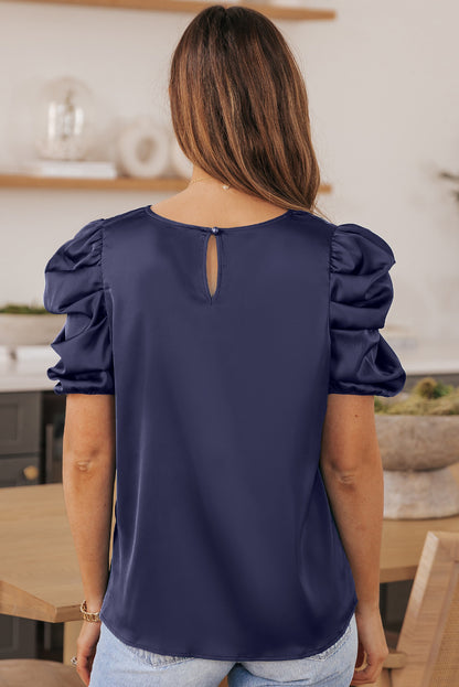 Dark Blue Ruched Puff Short Sleeve Satin Blouse - LA Grand