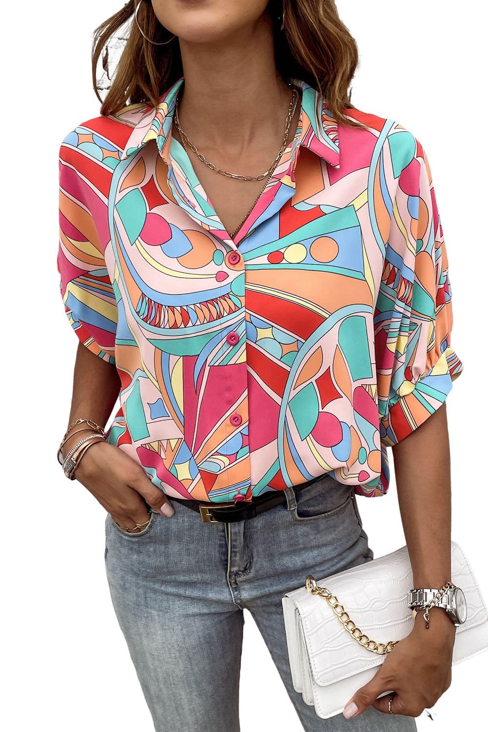 Multicolor Abstract Geometry Print Half Puff Sleeve Loose Shirt - LA Grand