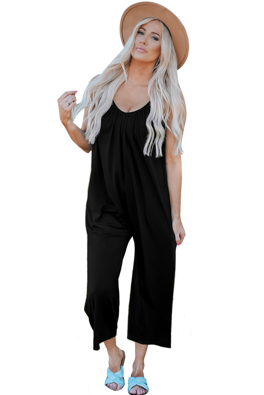 Black Spaghetti Straps Wide Leg Pocketed Jumpsuits - LA Grand