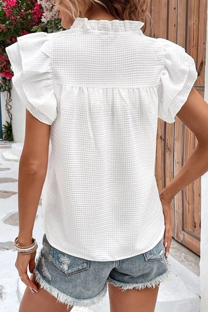 White Ruffle Accent Flutter Sleeve Notch Neck Top - LA Grand