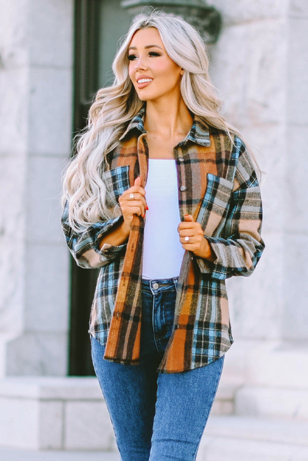 Brown Plaid Color Block Buttoned Shirt with Pockets - LA Grand