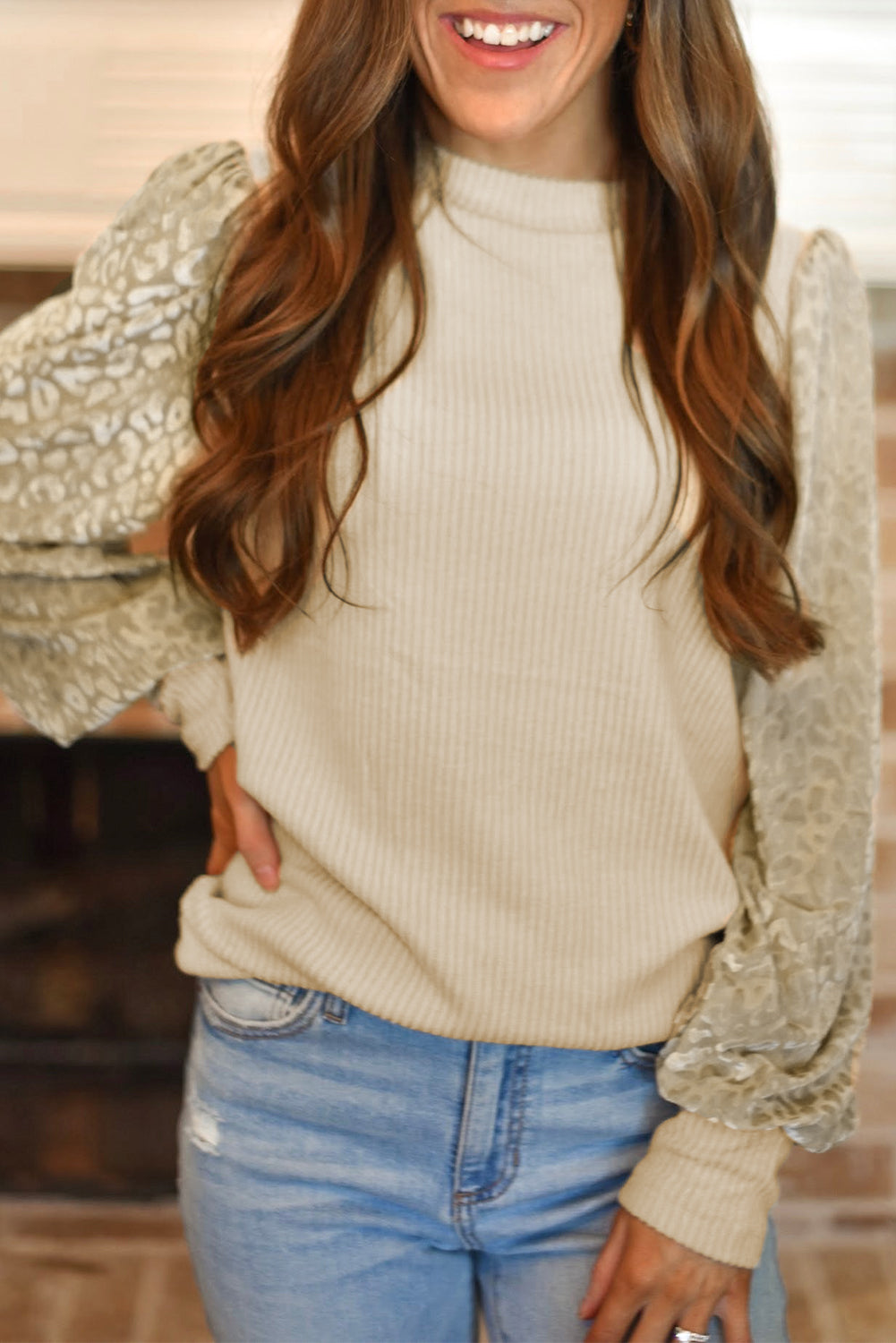 Apricot Leopard Print Long Sleeve Ribbed Knit Blouse - LA Grand