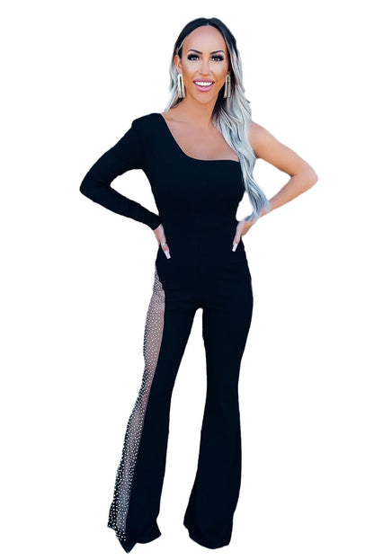 Black One-shoulder Gem Rhinestone Accent Flare Bottom Jumpsuit - LA Grand