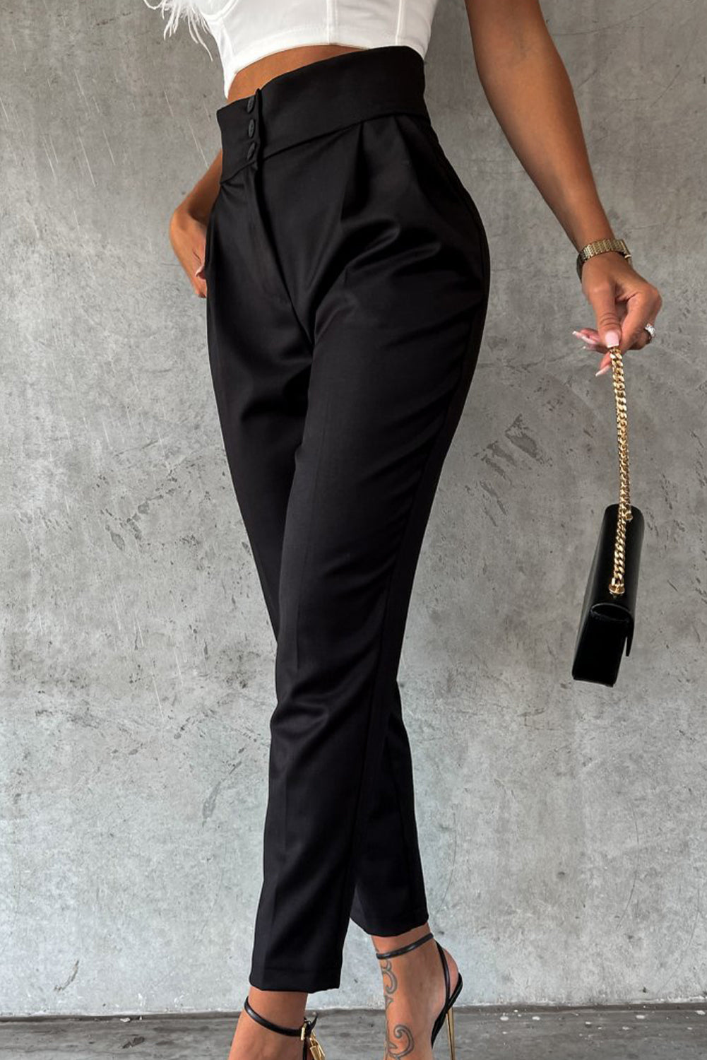 Black Button High Waist Tapered Pants - LA Grand