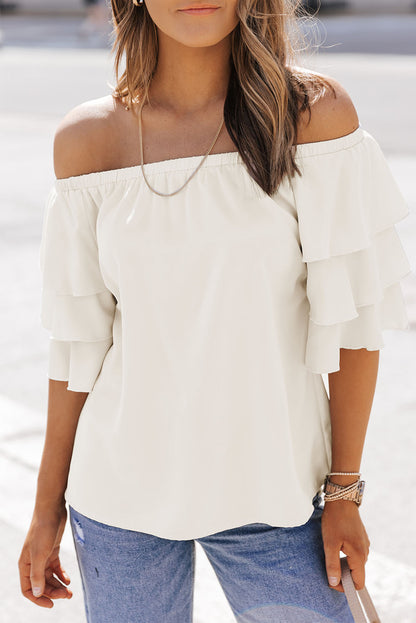 Apricot Tiered Ruffled Half Sleeve Off Shoulder Blouse - LA Grand