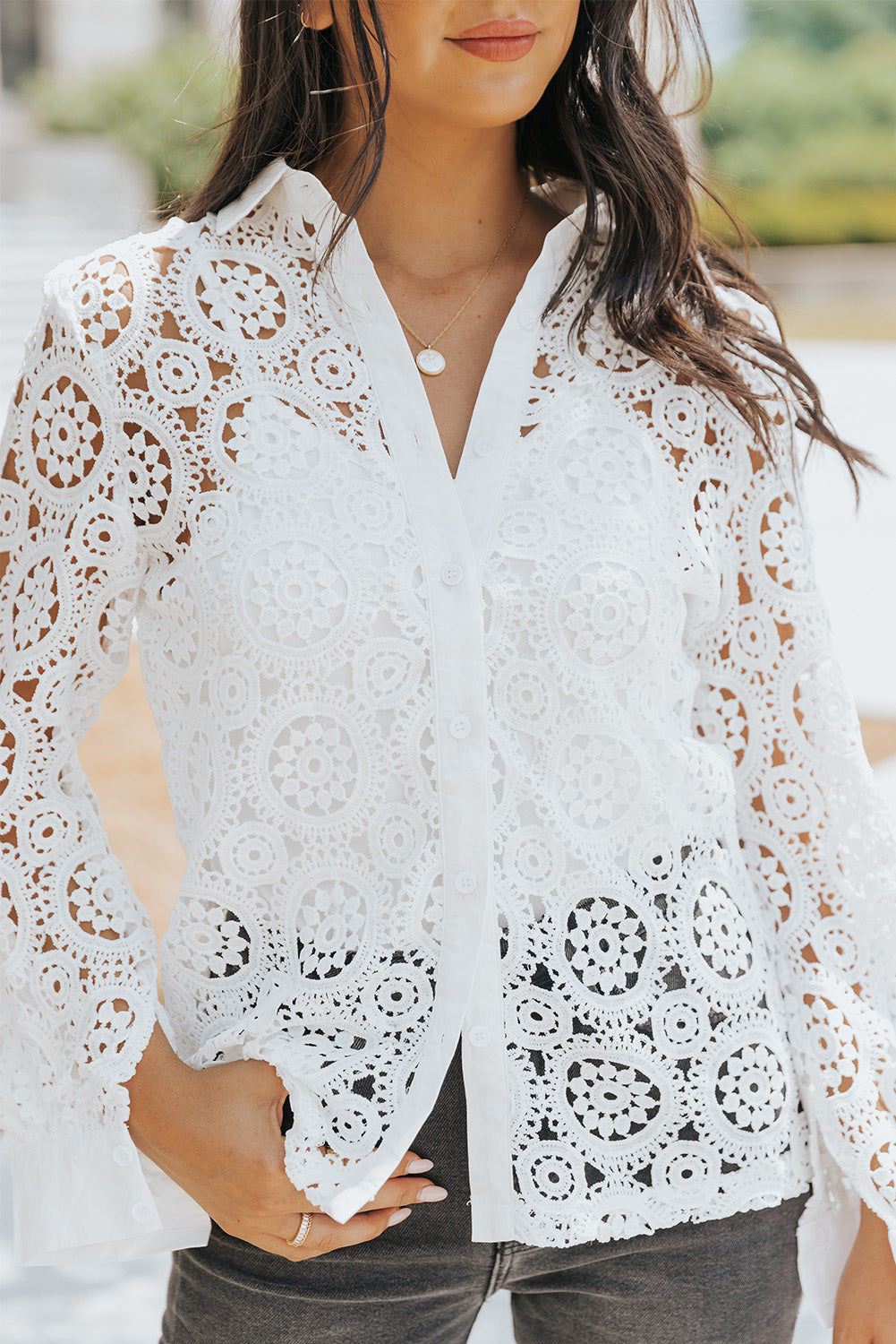 White Crochet Lace Hollow-out Turn-down Collar Shirt - LA Grand