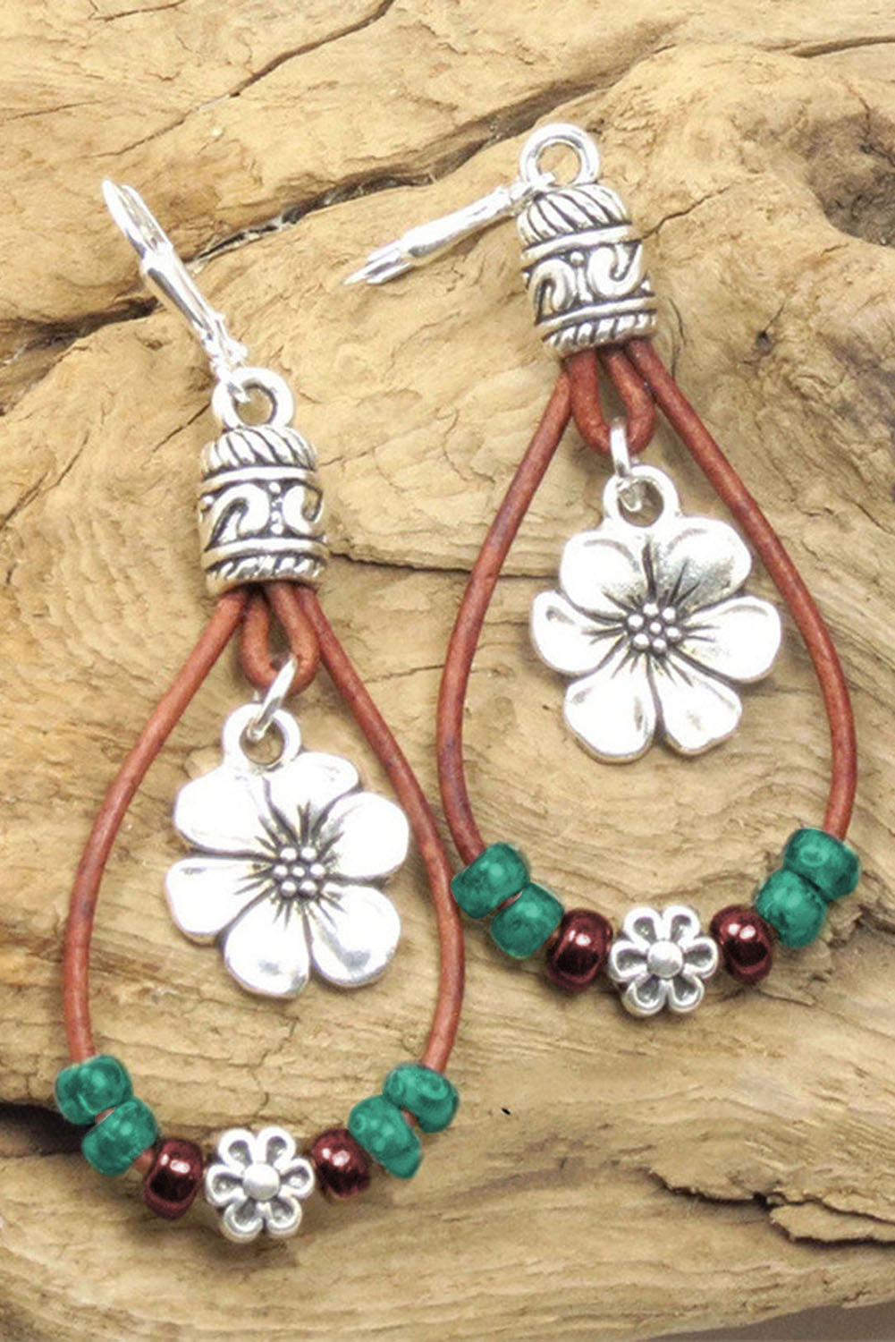 Silvery Western Leather Beaded Floral Dangle Earrings - LA Grand