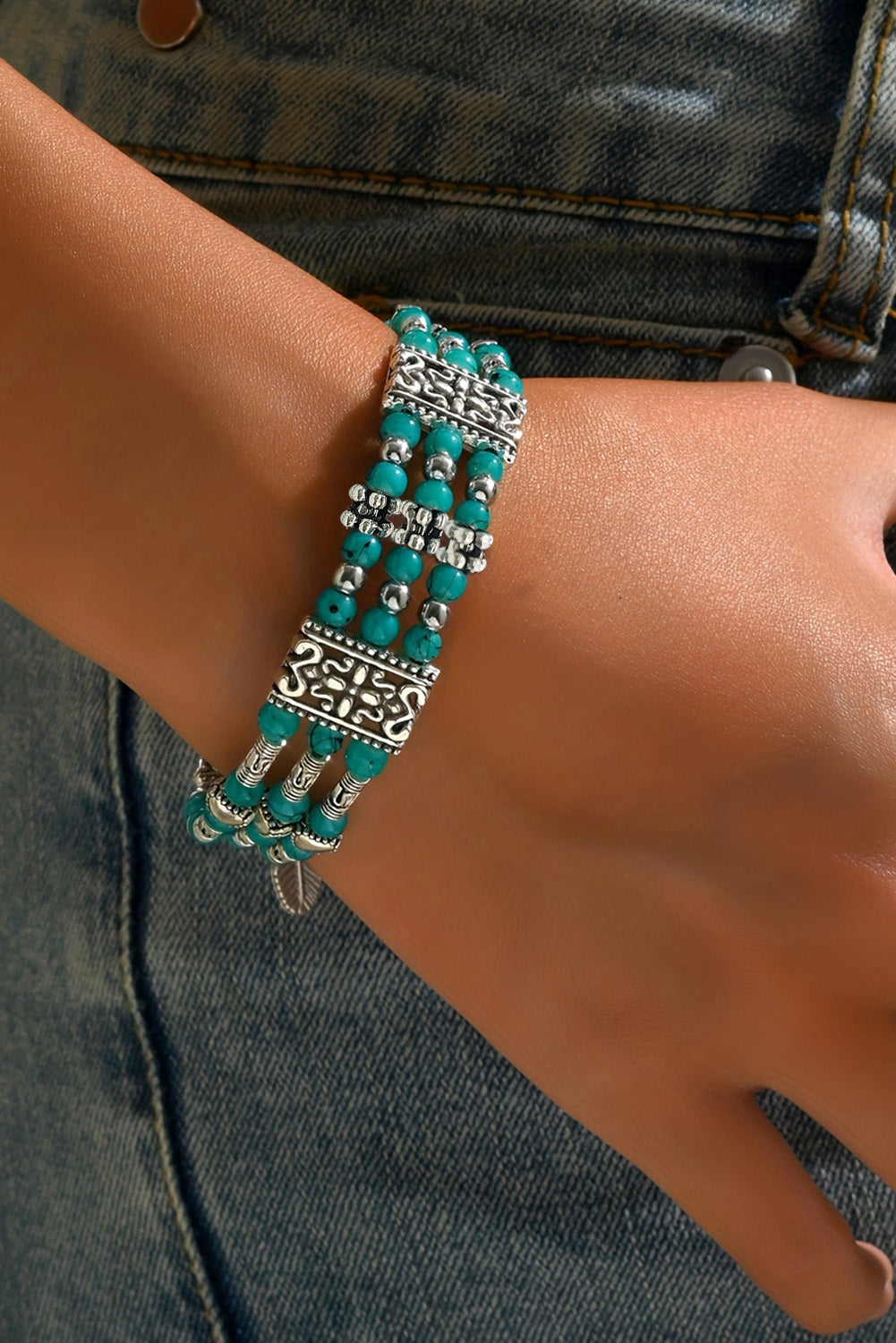 Green Boho Turquoise Beaded Geometric Carved Feather Bracelet - LA Grand