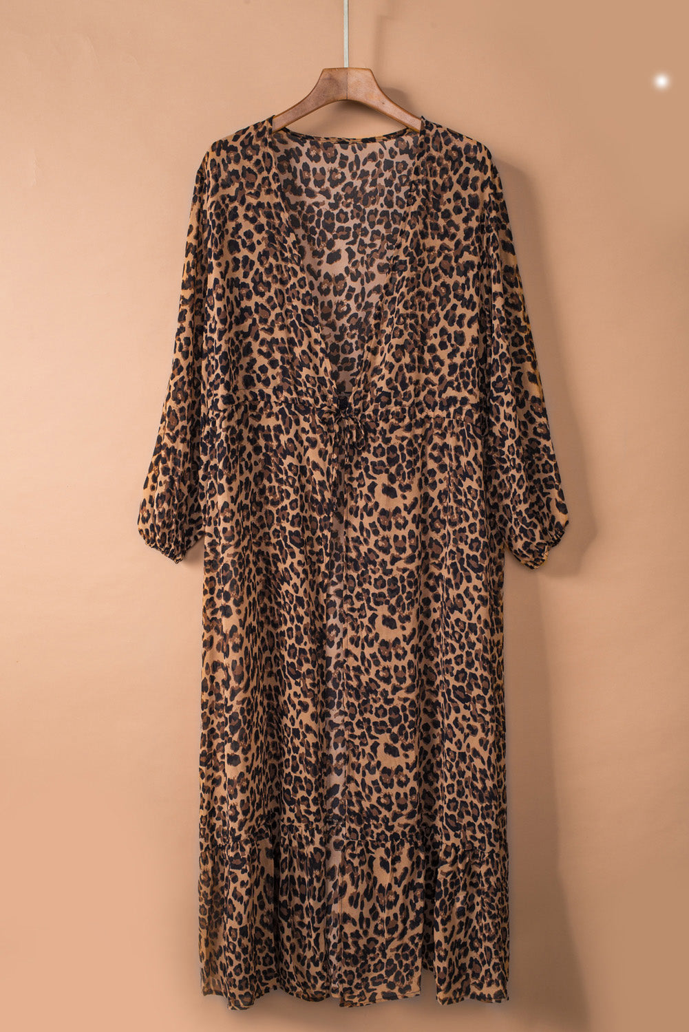 Leopard Print Tie Waist Open Front Kimono Beach Cover Up - LA Grand