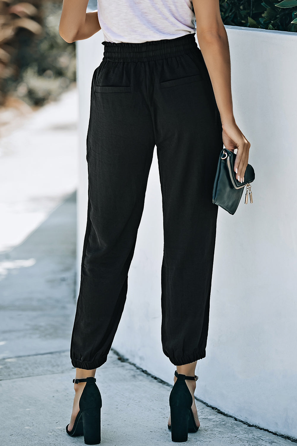 Black Solid Color Drawstring Smocked Waist Joggers - LA Grand