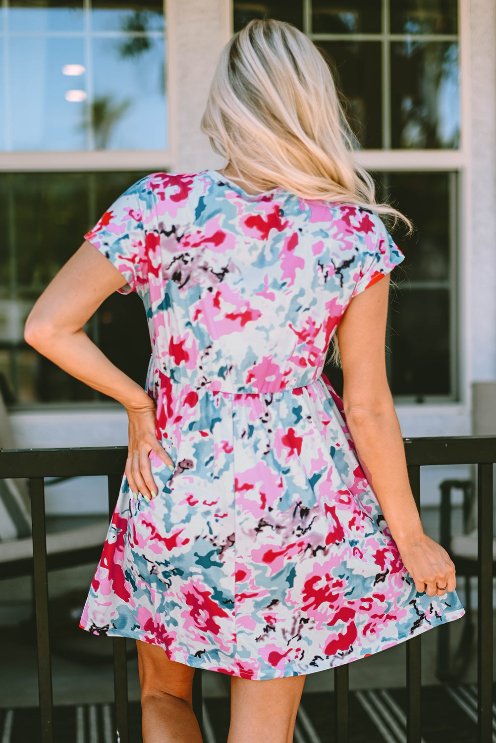 Fiery Red V Neck Short Sleeve Floral Dress - LA Grand