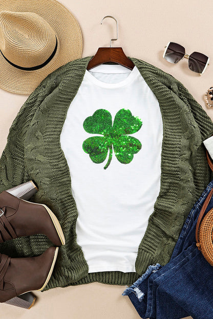 White Sequin Clover Patch Graphic St Patrick Fashion Tee - LA Grand