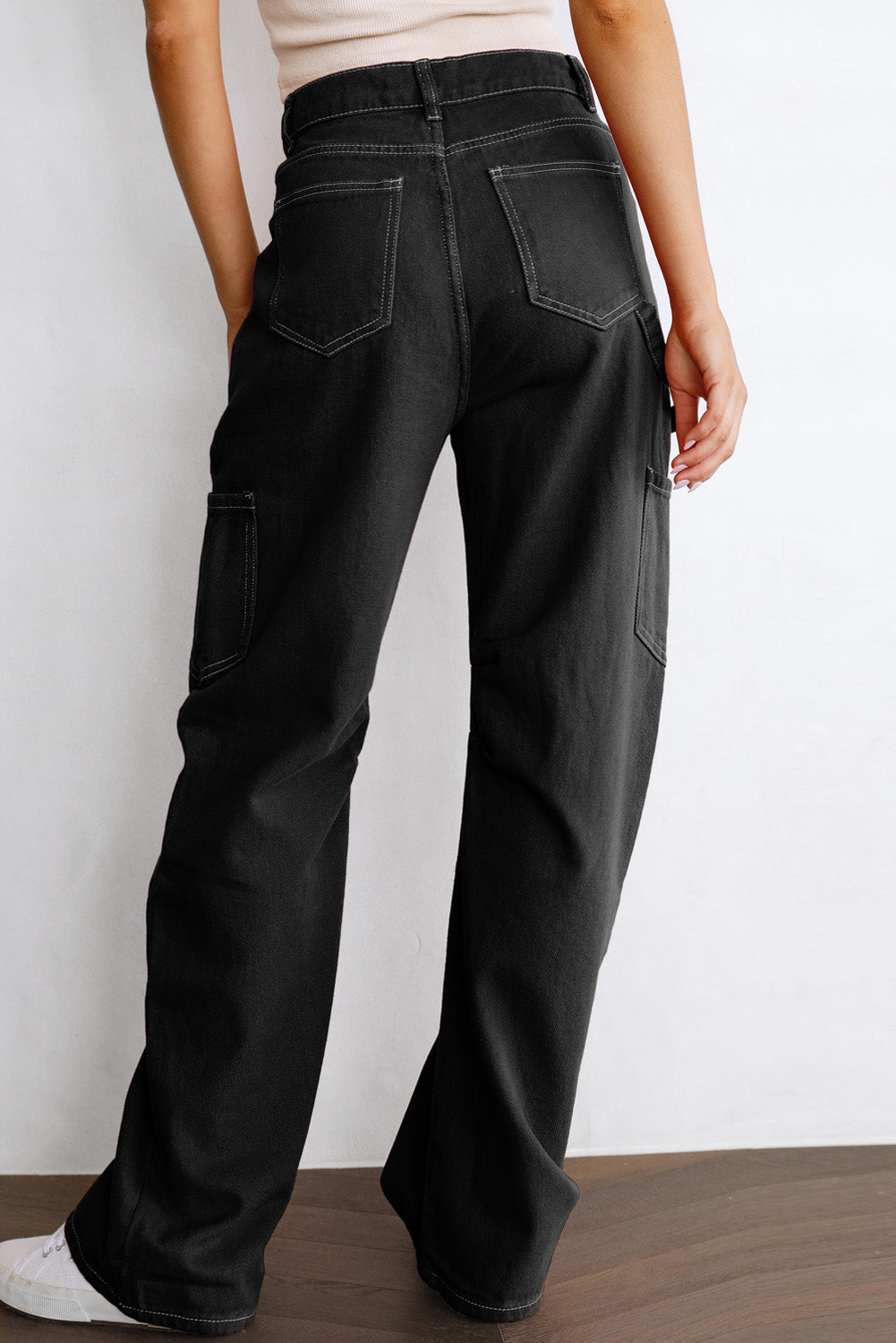 Black High Waist Straight Leg Cargo Pants with Pockets - LA Grand