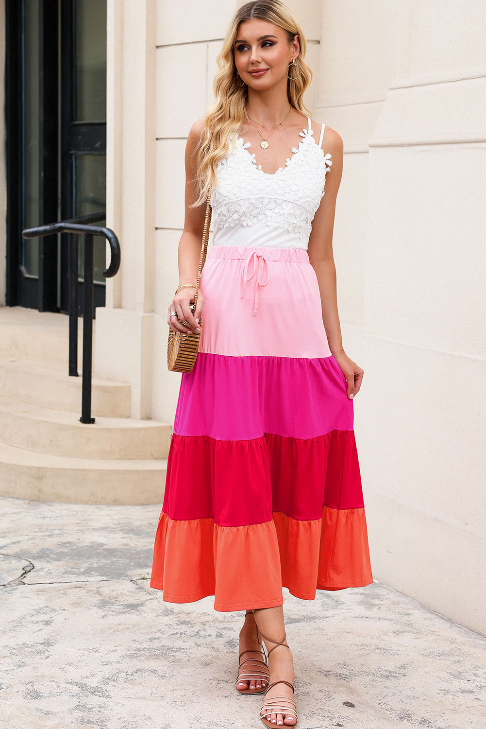 Pink Color Block Tiered Drawstring High Waist Maxi Skirt - LA Grand