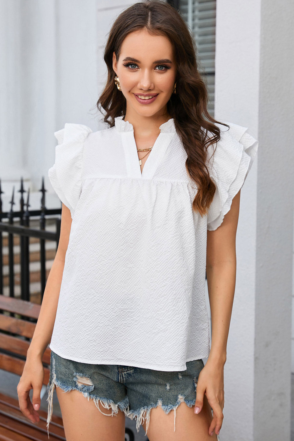 White Ruffle Accent Flutter Sleeve Notch Neck Top - LA Grand