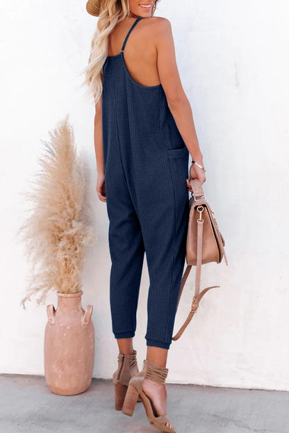 Blue Textured Sleeveless V-Neck Pocketed Casual Jumpsuit - LA Grand