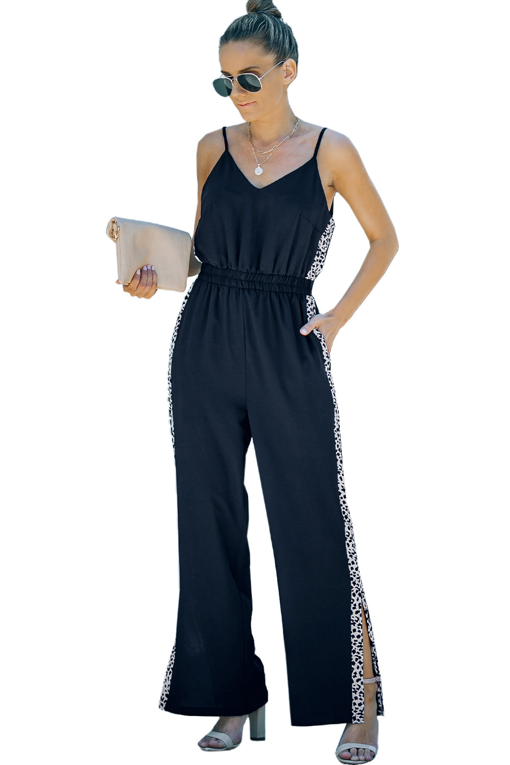 Black Leopard Patchwork Spaghetti Strap Wide Leg Jumpsuit - LA Grand