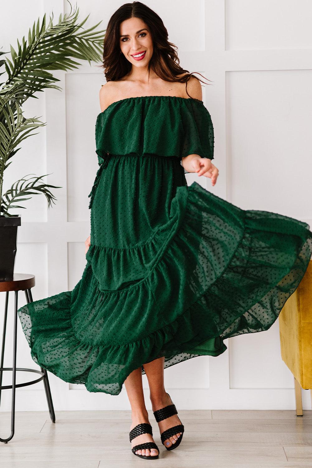 Verde Sunshine Off-Shoulder Swiss Dot Maxi Dress - LA Grand