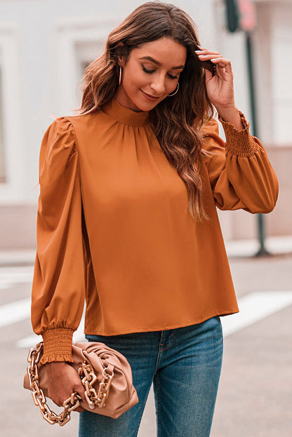 Orange Long Bubble Sleeve Mock Neck Chiffon Blouse - LA Grand