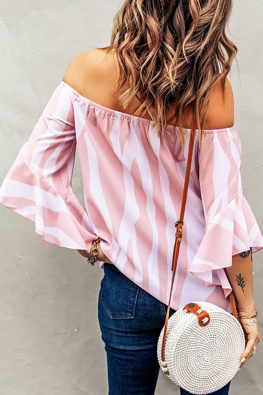 Off The Shoulder Vertical Stripes Blouse in Pink - LA Grand