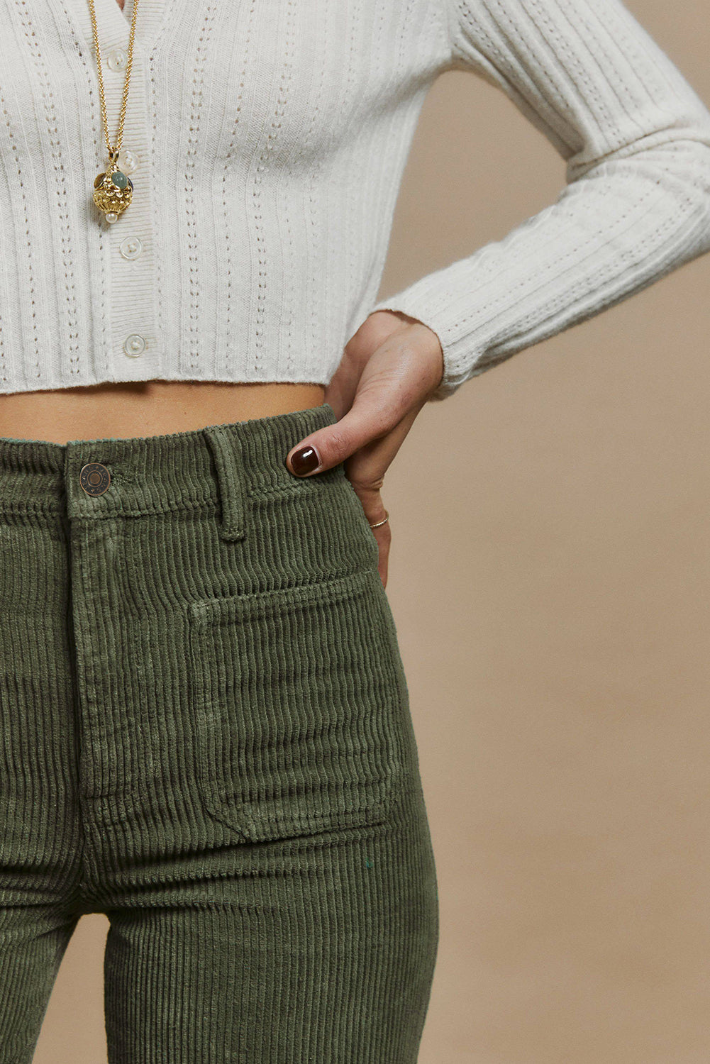 Green High Waist Square Pockets Corduroy Pants - LA Grand