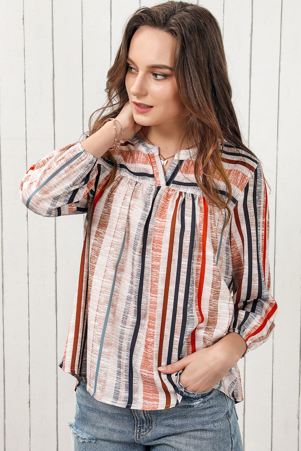 Multicolor Striped 3/4 Sleeve Blouse - LA Grand