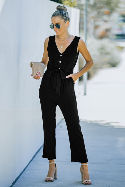 Black V Neck Button Belted Jumpsuit with Pockets - LA Grand