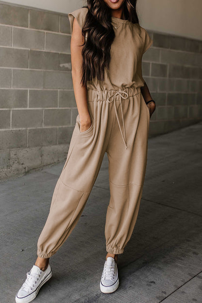 Light French Beige Cap Sleeve Open Back Drawstring Jogger Jumpsuit - LA Grand