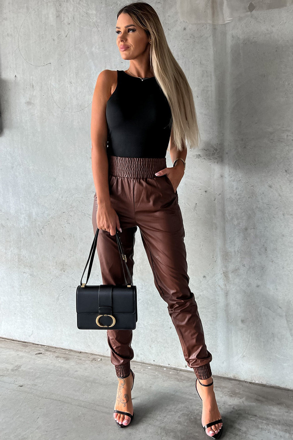 Brown Smocked High-Waist Leather Skinny Pants - LA Grand